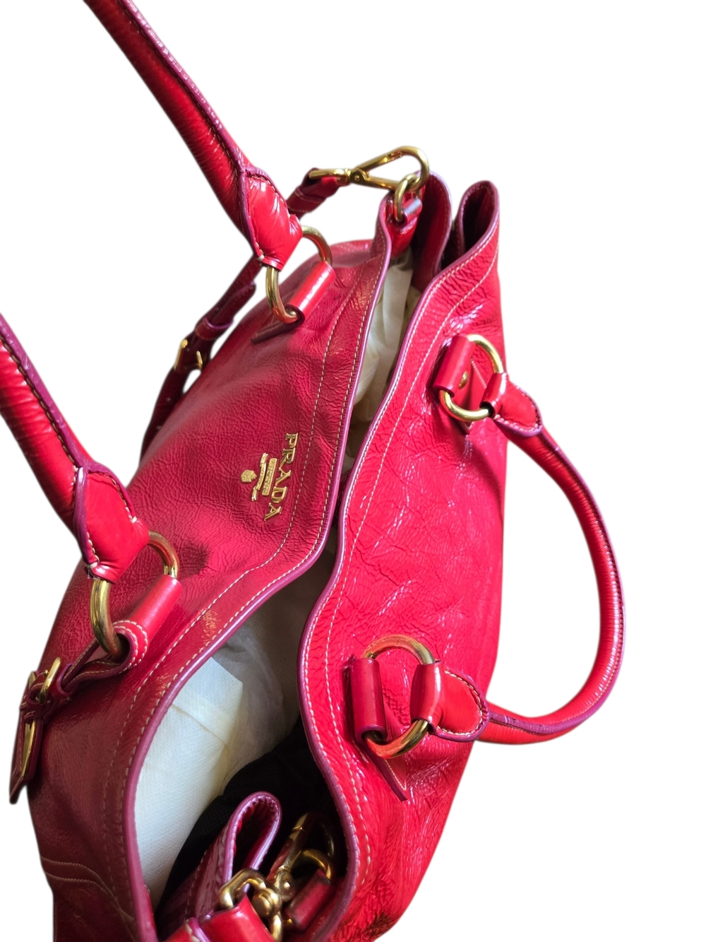 Prada Pink-Red Leather Shoulder Satchel with Gold Hardware - Picture 5 of 11